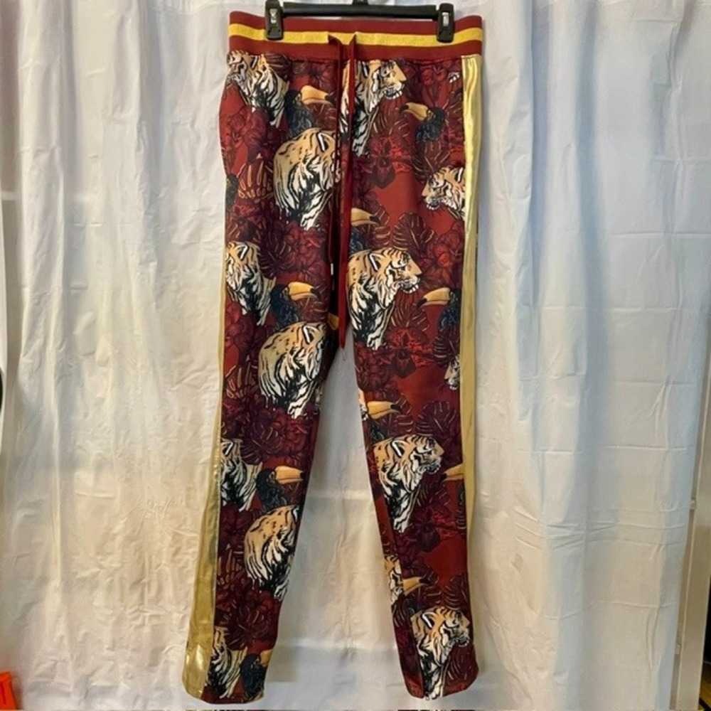 G-Style USA Royal Floral Tiger Track Pant Metal Gold Stripe Zip Cuff Sz L